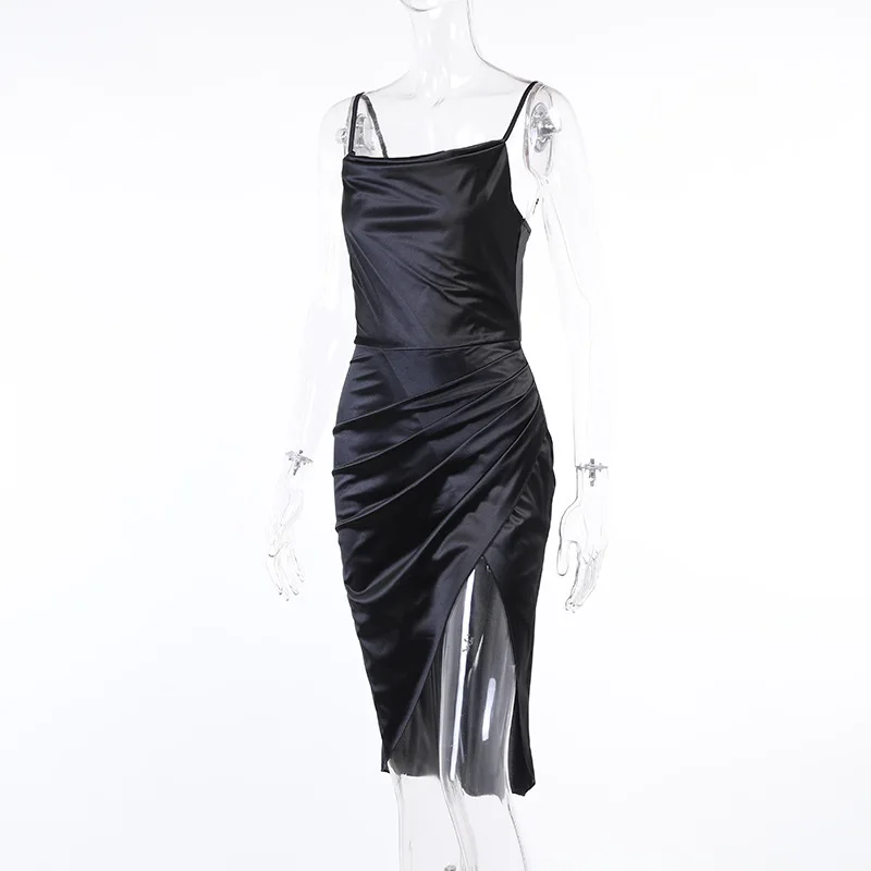 Dress 2021 Women Summer dress Satin Party Dress Black V-Neck Hight Side Split Sexy Mini Dress women's dress Dresses robe платье dresses to wear to a wedding