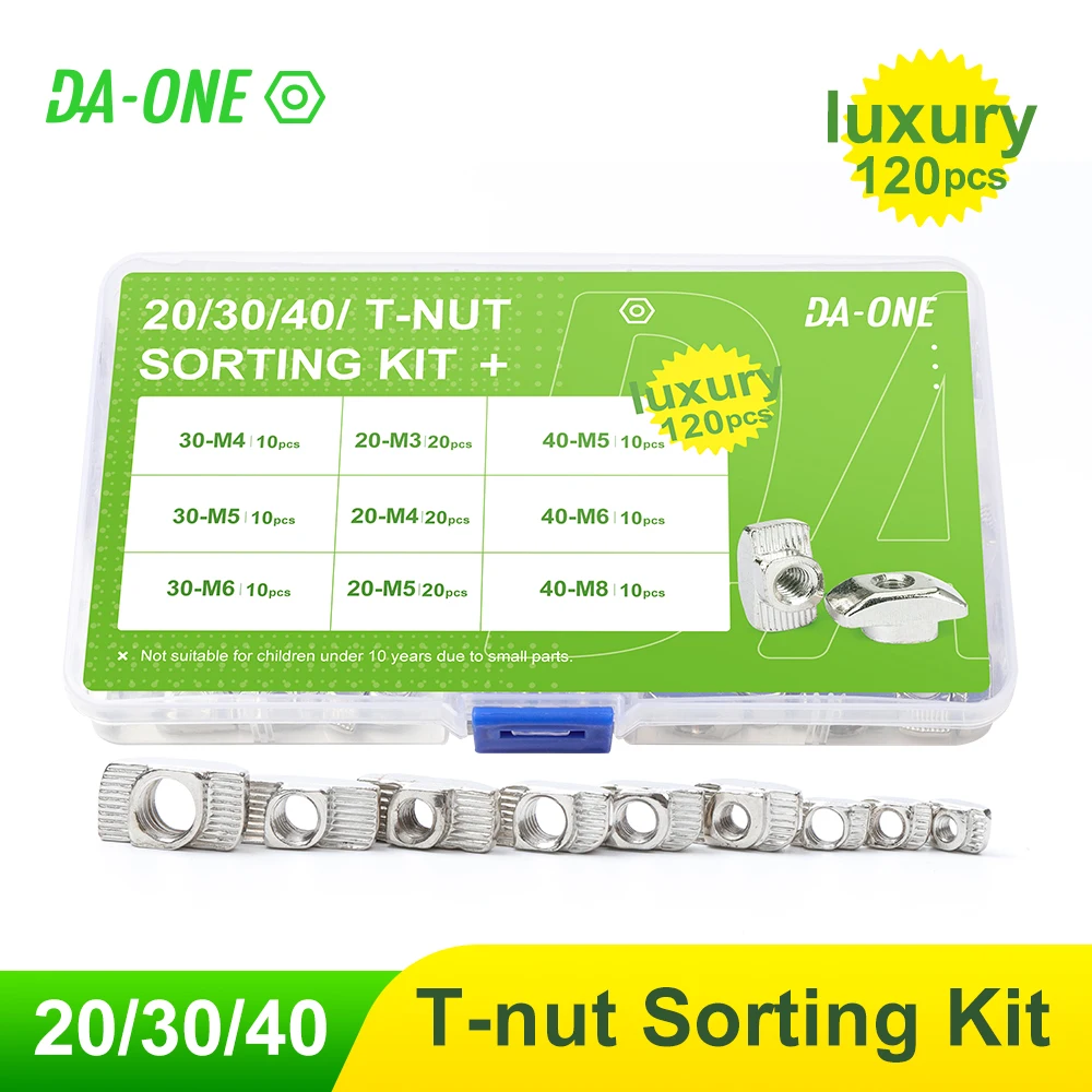 

DA-ONE 120pcs 20/30/40T-nuts Sorting Kit Sliding T Nut Hammer Drop In Nut Fasten Connector M3 M4 M5 M6 M8 Aluminum Extrusion
