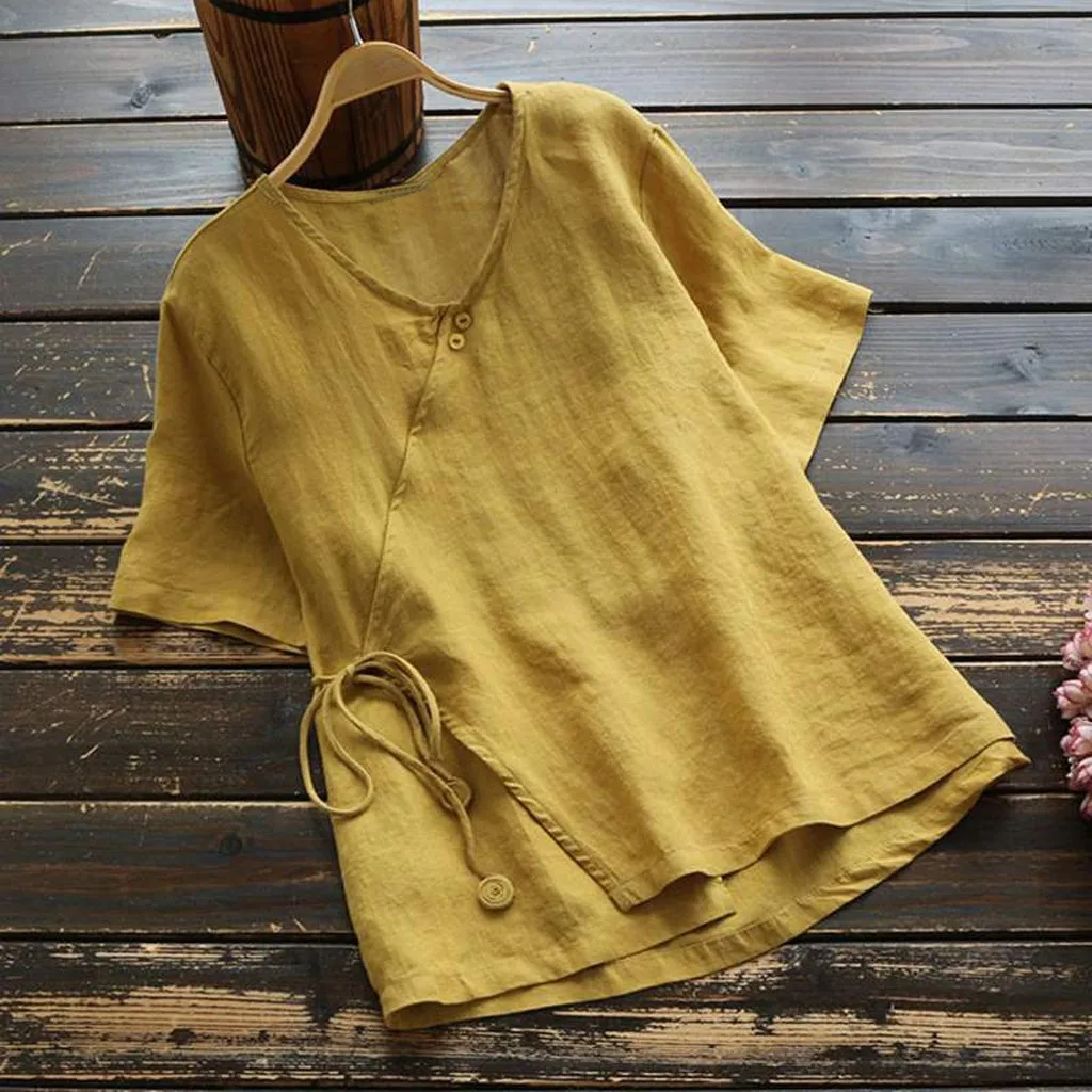 

Women's Casual Pure Color Linen Comfortable Summer V-neck Short Sleeve Bandwidth Loose Top Hot Sale Super Comfortable Short 04*