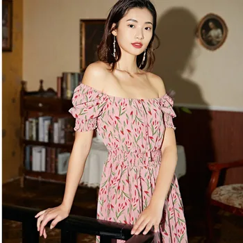 

LANMREM off the shoulder square collr short puff sleeves flower printed pullover high waist A-line dresses WM08311L