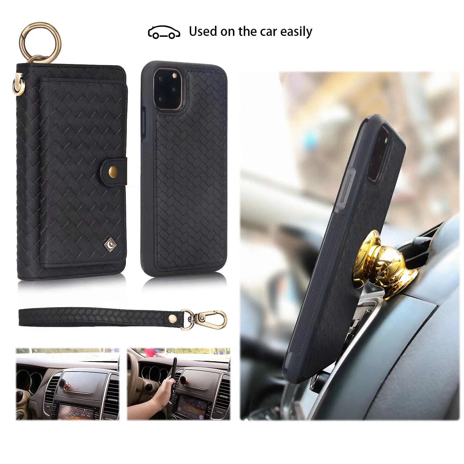 POLA модный кожаный чехол-кошелек с тканым узором для iPhone 11 Pro Max, магнитное съемное автомобильное кольцо