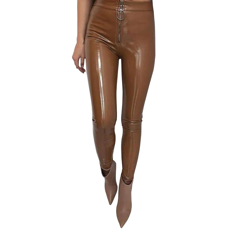Сексуальные блестящие обтягивающие брюки женские осенние весенние с высокой талией из искусственной кожи брюки карандаш с молнией Однотонные эластичные леггинсы