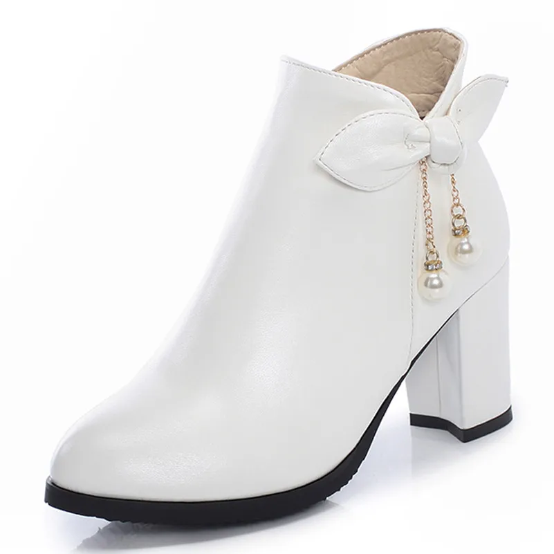 ANNYMOLI Winter Ankle Boots Women Boots Bow Zipper Thick Heel Short Boots Pearl Super High Heel Shoes Lady Autumn Big Size 33-43 ANNYMOLI Winter Ankle Boots Women Boots Bow Zipper Thick Heel Short Boots Pearl Super High Heel Shoes Lady Autumn Big Size 33-43