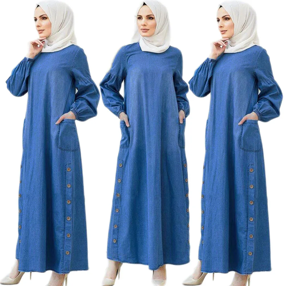Middle East Muslim Women Arabic Abaya Islamic Clothing Eid Ramadan Maxi Robe Gown Dubai Denim Casual Long Dress Patchwork Pocket |