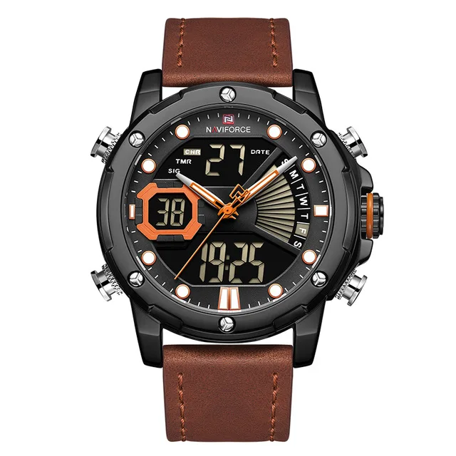 brown black orange NAVIFORCE мужские часы Топ люксовый бренд Модные кварцевые мужские наручные часы водонепроницаемые кожаные Цифровые мужские часы Relogio Masculino - Цвет: brown black orange
