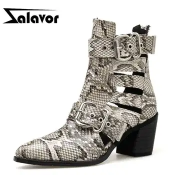 

ZALAVOR Snakeskin Pattern Women Ankle Boots Fashion Buckle Thick Heel Retro Women Shoes Pointed Toe Female Footwear Size 35-42