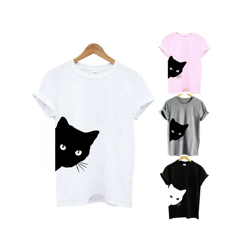 

Women Cotton Summer Cartoon Cat T-shirt O Round Neck T Shirt for Women Short Sleeve Black Camisas Mujer Manga Corta