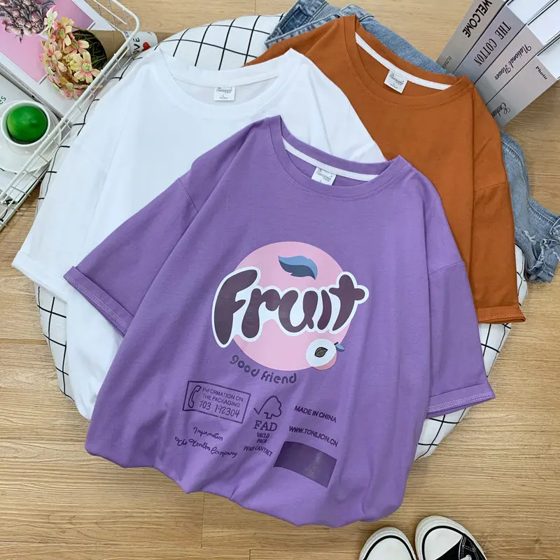 95% cotton Chic Summer New Personality Korean Style Fruit women t-shirts short white Plus Size kawaii harajukuTops Tees TYD26
