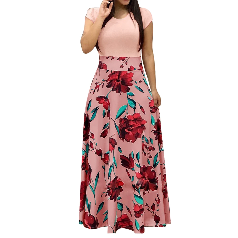 

2019 New fashion Arrival Women Floral Print Color Block Round Neck Beach Party Short Sleeve Maxi Dress woman ceremony dress 2019