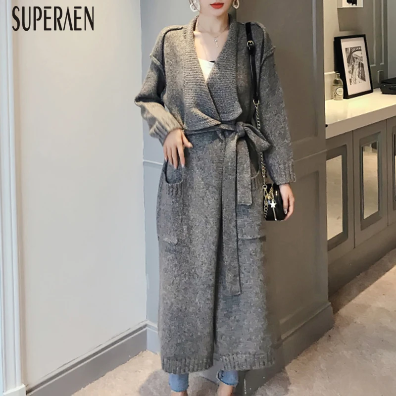 SuperAen, осень и зима, новые длинные свитера, пальто для женщин, корейский стиль, модные свитера с отворотом, одноцветная женская одежда