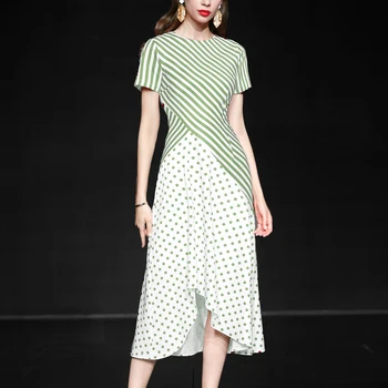 

Seifermann Fashion Runway Summer Striped Boho Dress Women Slim Patchwork Dot Vacation Style Ladies Asymmetrical Midi Dresses