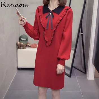 

Plus Size Women Knitted 2020 New Winter Sweet Cute Ruff Party Dress Lanter Long Sleeve Fashion Black Red Dresses Big Clothes