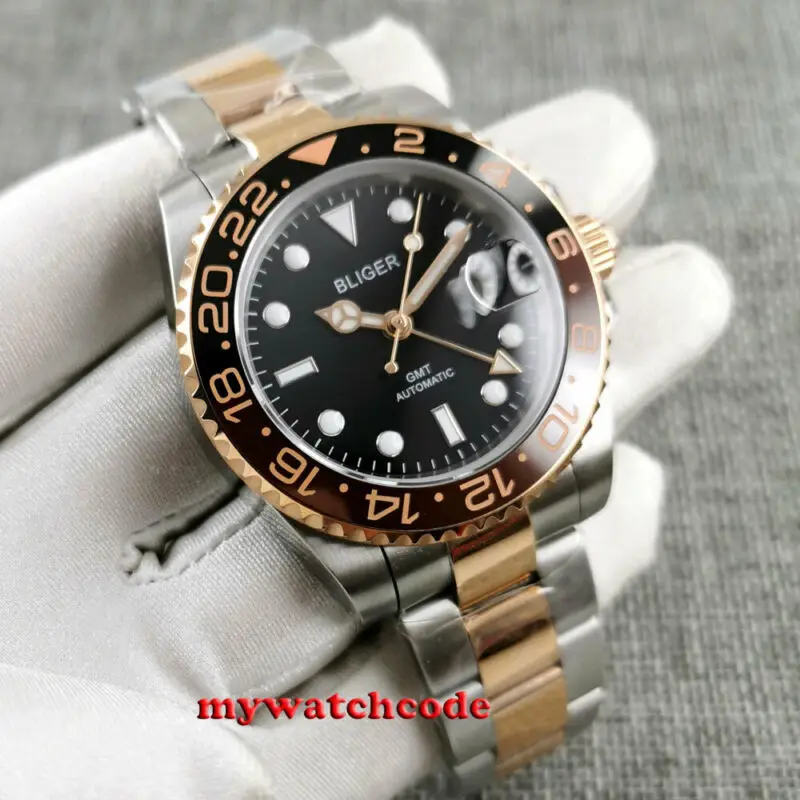 

40 мм черный циферблат светящийся знак роза золотой чехол Дата автоматические мужские часы