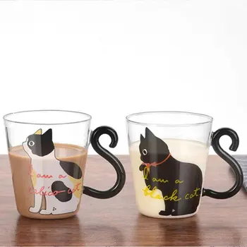 

New Creative Cat Heat-resistant Non-toxic Safe Cat Tail Handle Cute Model Coffee Milk Design Exquisite Glass White Cat Cup