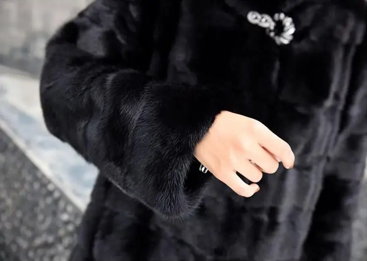 Новейшие женские черные пальто с капюшоном из искусственного меха, большие размеры S/6XL, повседневные женские длинные пальто из искусственного меха D415