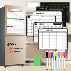 Tableau blanc magnétique format A3 pour planificateur hebdomadaire, tableau noir pour réfrigérateur, effacement à sec, cadeau, 8 stylos, 1 gomme 