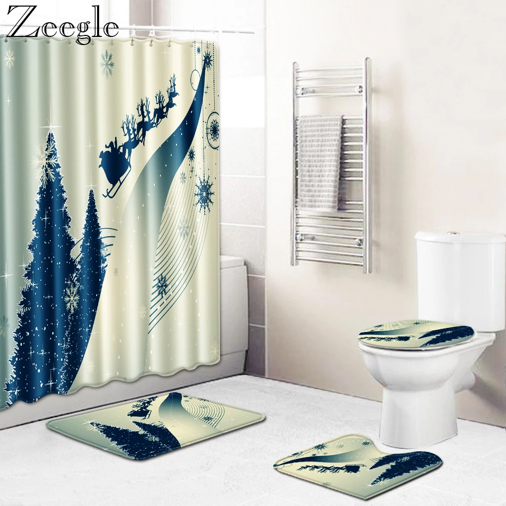 

Zeegle 4pcs Christmas Bath Curtain Waterproof Shower Curtain Washable Bathroom Carpet Set Foot Mat Absorbent Toilet Cover Mat