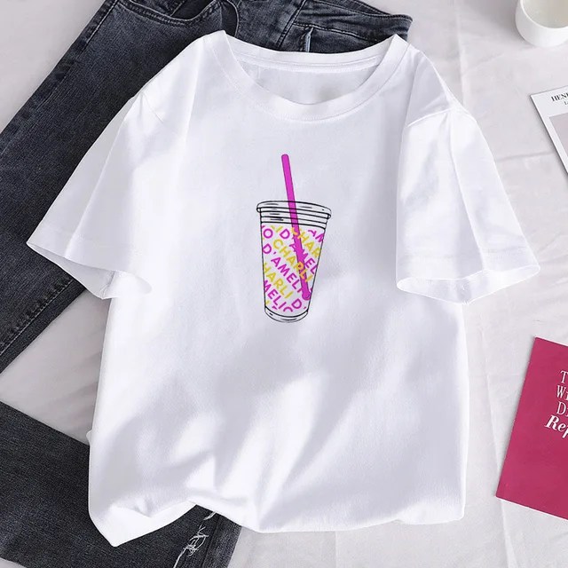 Charli DAmelio Ice Coffee Print Clothing Tops Shirt Summer Aesthetics Graphic Short Sleeve Polyester T Shirts Female Camiseta P9309-6