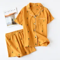 New ladies pajamas suit summer comfortable cotton gauze lapel pajamas suit women thin loose cartoon carrot printing home service - Image 5
