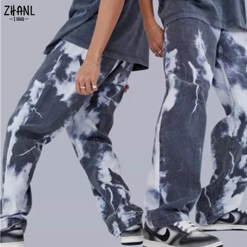 2021 Fashion Men Printed Jeans Lucky Cloud Lightning Pattern Straight Leg High Quality Jean Teen Streetwear Hip Hop Denim Pants