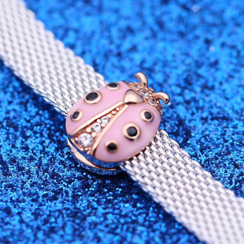 Модный серебряные бусины 925 пробы розовый браслет с зажимом в виде божьей коровки, браслет Pandora, ювелирные изделия для женщин своими руками