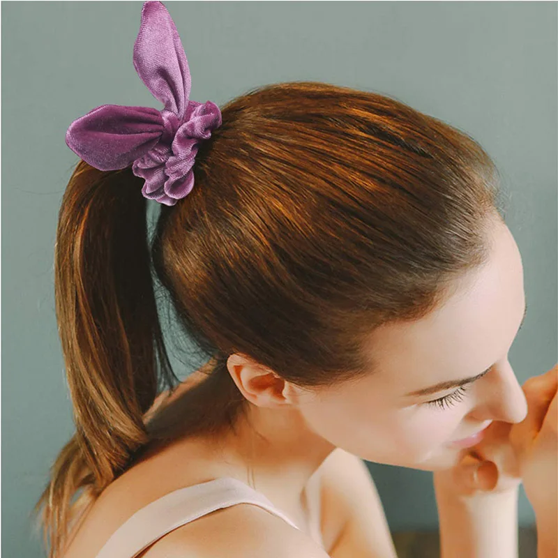 buy 1PC Solid Scrunchies Girls Velvet Hair Tie Women Bunny Cute Rabbit Ear Elastic Hair band Hair Rope Gum for Girls Ponytail Holder