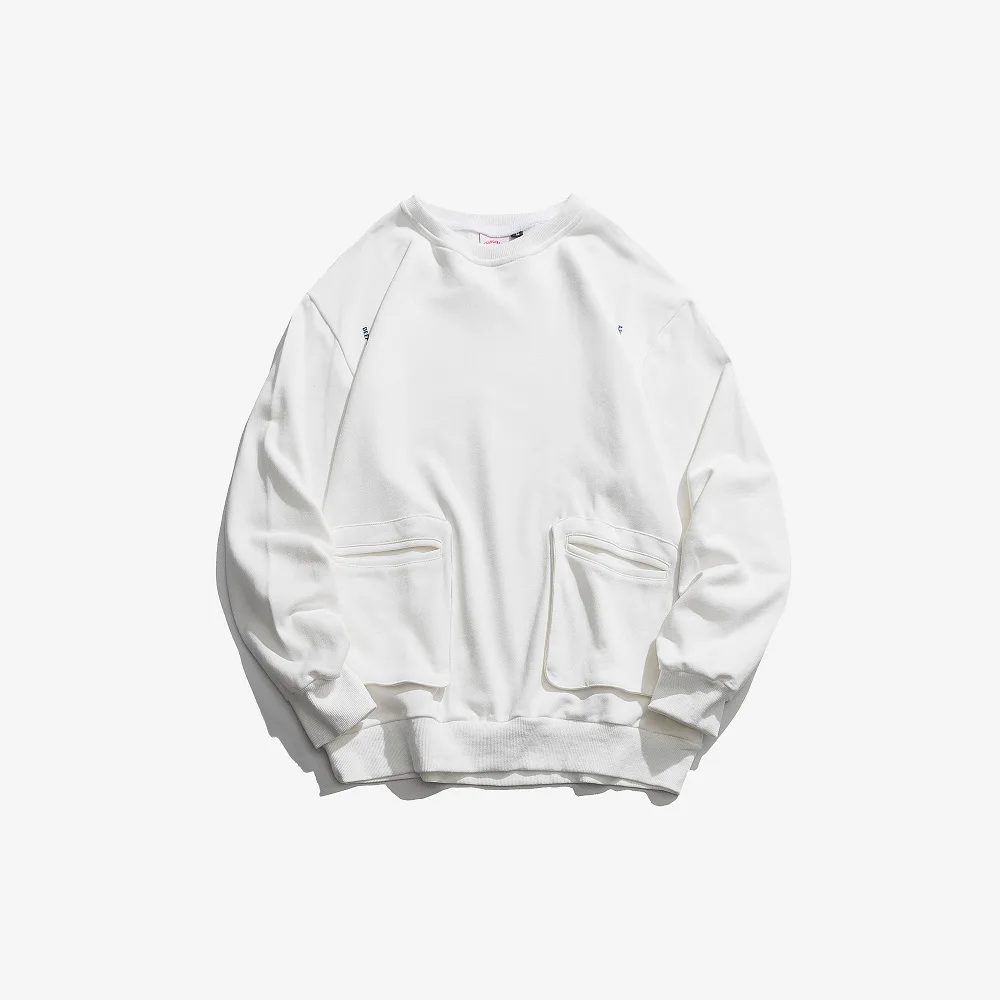 

Spring and Autumn Men's Wild Round Neck Pullover Loose Street Hip Hop Solid Color Sweatshirt Pocket Design Trend Top