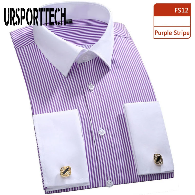 Dress Shirts Men Casual Shirts Men Long Sleeve Shirt Spring Striped Men French Cufflinks Casual Shirt White Collar Design Mens French Cuff Dress Shirts M-6XL