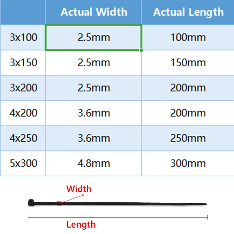 branco Nylon Cable Tie, 100mm, 150mm, 200mm, 250mm, 300mm, 500Pcs Pack