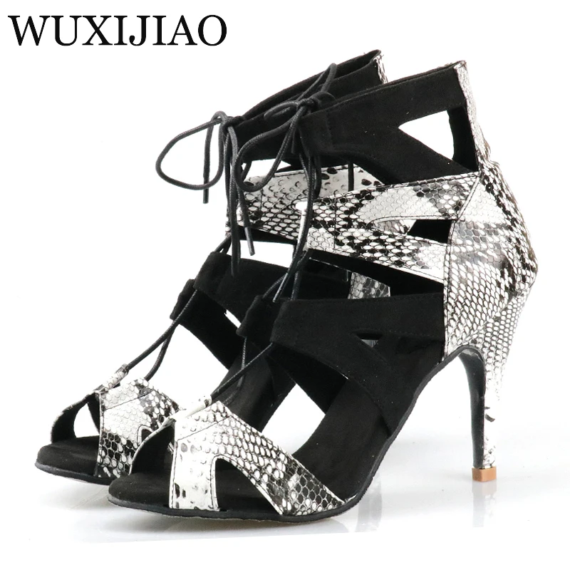 WUXIJIAO Professional Ballroom Dance Shoes Ladys Halloween Skull Salsa Dance Shoes Denim Doodle 9cm Heeled Women Latin Dance