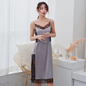 

Ladies Nightdress Home Suit Lace Design Stitching High Split Sexy Sleep Dress Multi Colors One Size Large Size Nightwear Women