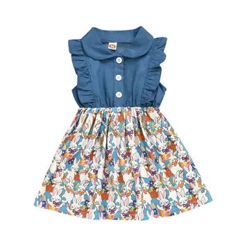 

Cute Easter Kids Baby Girls Denim Dresses Ruffle Sleeveless Cartoon Rabbit Bunny Tutu Dress For Girls Toddler Cotton Clothes