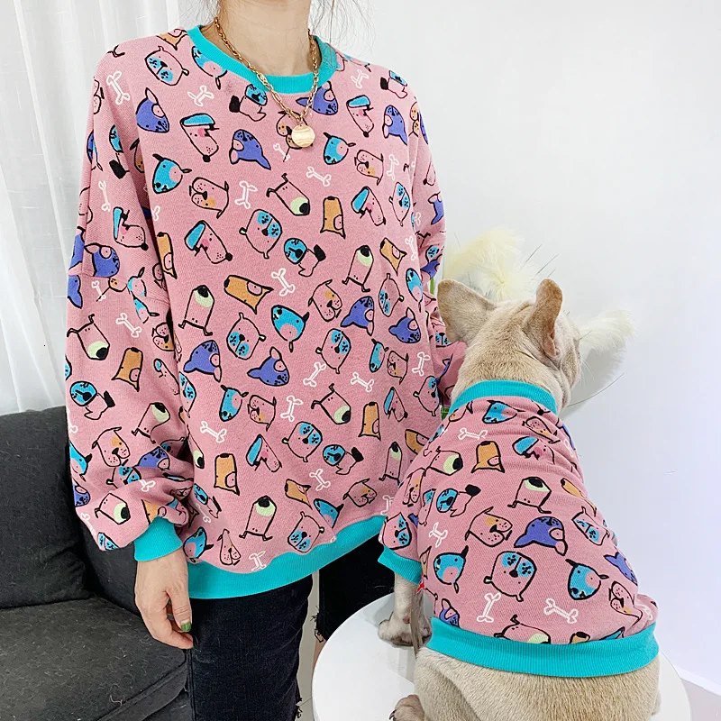 pink Bulldog Warm Dog Hoodie,Puppy Pet Autumn Clothes,Warm Family Matching Owner Costume,Printed Hoodie For Terrier Teddy Poodle Pug - Цвет: pink