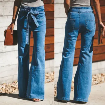 

Womens Spring Autumn Wear Fashion High Waist Denim Wide Leg Leggings Trouser Jeans Long Flare Bell Bottom Pant With Denim Belt