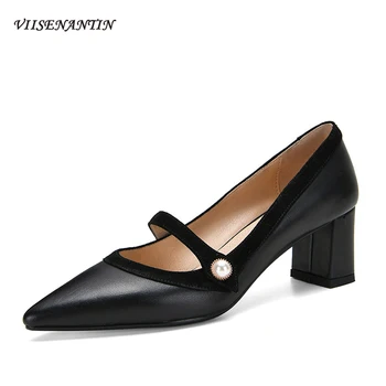 

New Style Shallow Mouth Shoes Pointed Toe Thick Pearls Decoration Fairy High Heels Cowhide Mid-heel Retro Style Mary Jane Shoes
