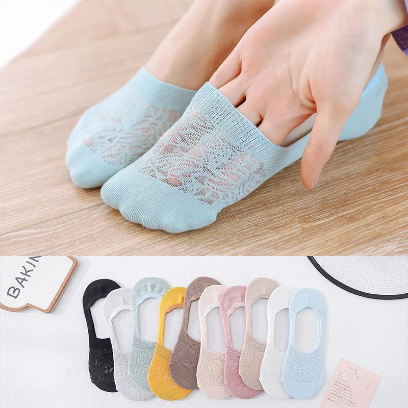 5 pcs/lot Summer cotton ladies solid color women socks silicone invisible socks mesh pattern non-slip ladies boat socks