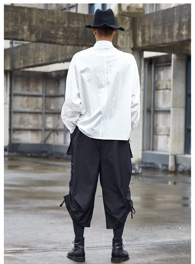 Men Party Dress Shirt Drawstring Design Loose Casual Black White Shirt Male Women Japan Streetwear Hip Hop GothicStage Costumes