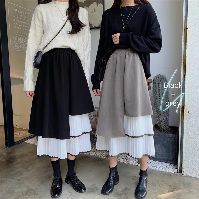 

Photo Shoot Autumn And Winter Sense of Design High-waisted Double Purpose Irregular Pleated Joint Long Skirts Skirt