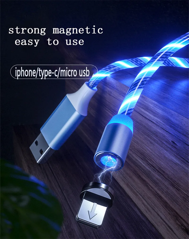 2M Magnetic Mobile Phone Cable USB Type C Flow Luminous Lighting Data Wire For IPhone Samsung S10 9 Huawei LED Micro USB C Cord iphone charger cable