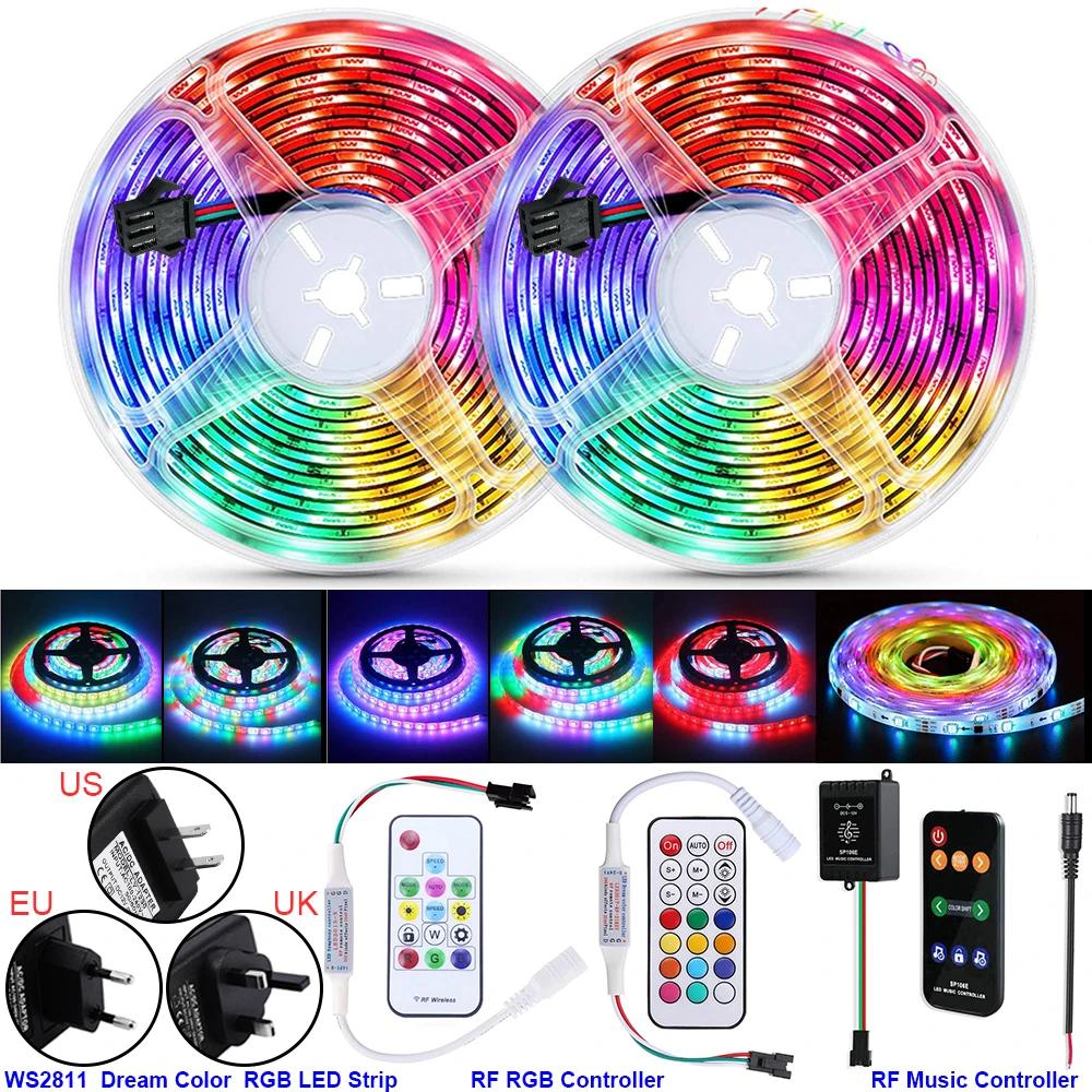 

Rainbow Dreamcolor RGB LED Strip Light 5M 10M Kits 14/21 Key/Music Sound Remote Control 5050 LED Strip Lights Color Changing D30