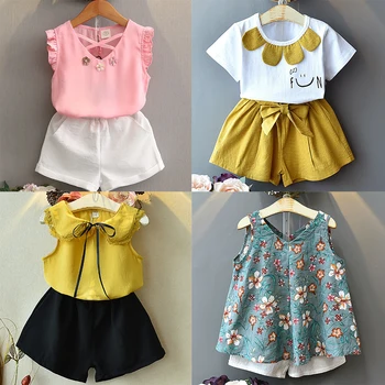 

Children Clothing Set Girl Summer Outfit T shirt Pants Suit Floral Tee and Bowknot Shorts set Kids Casual Clothes Flower Outwear