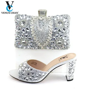 

Fashion Rhinestone Woman Shoes And Matching Bag Set Novelty Style Silver Color Pumps Shoes And Bag Set For Party Wedding