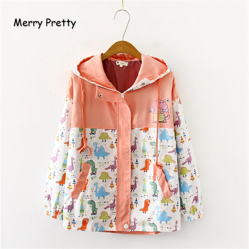 

Merry Pretty Women Cartoon Dinosaur Funny Jackets 2019 Winter Long Sleeve Hooded Patchwork Pockets Basic Jackets Outerwear Coats