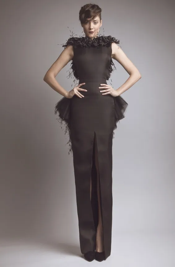 

Glamorous Brown Bateau Keyhole Back Slit Peplum Feather Evening Dresses