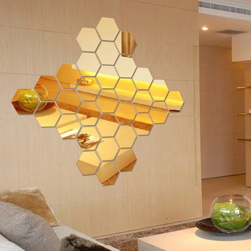 12Pcs Wall Stickers 3D Mirror Hexagon Vinyl Removable Decal Home Decor Art DIY