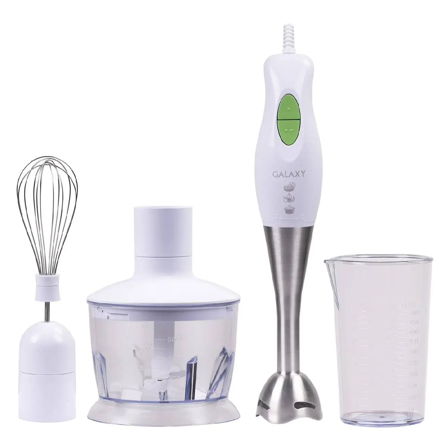 Блендер погружной Galaxy GL 2122 (Мощность 300 Вт, 2 скорости работы, насадка-блендер выполнена из нержавеющей стали ,чаша объемом 500 мл, книга рецептов в комплекте)