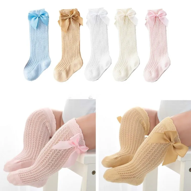 Calcetines de malla con lazo para niños pequeños, hasta la rodilla, 0-3 años, de algodón, Primavera