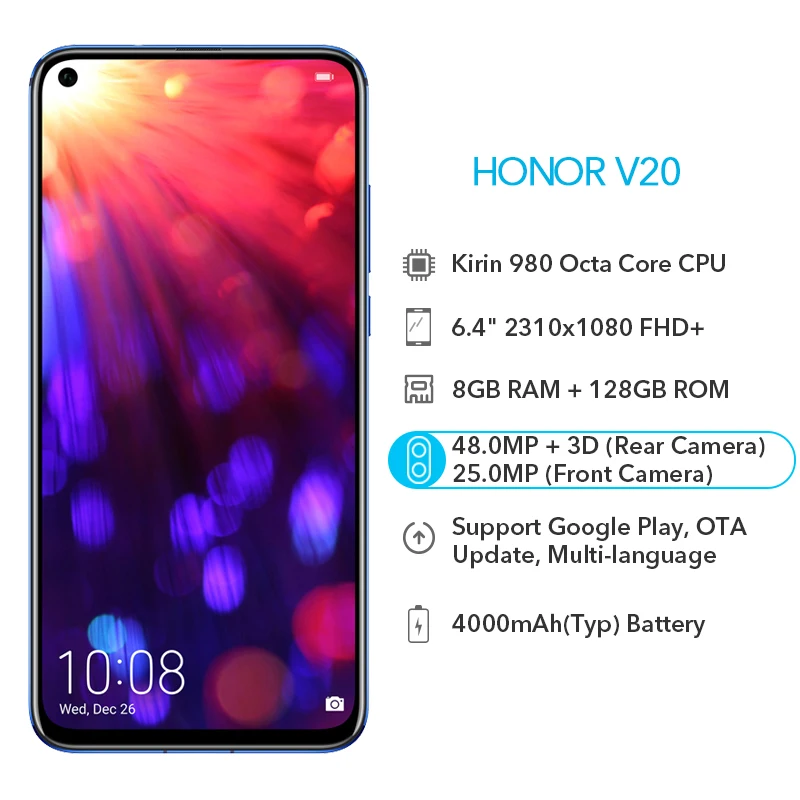Мобильный телефон Honor V20 128 ГБ 256 поддержка Google Play NFC и Super Charge камера 48 Мп+25 Мп Kirin 980