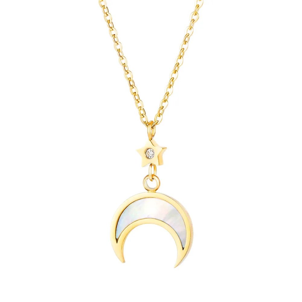 

Shell Moon and Star Necklace For Women Lover's Gold Color Long Chain Cublic Zirconia Stainless Steel Crescent Necklace Jewelry