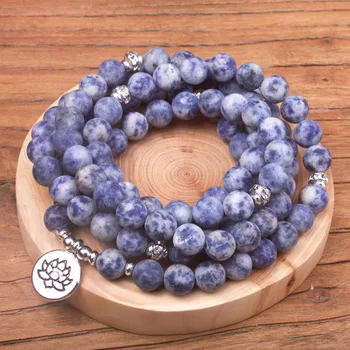 

108 Mala 8mm Frosted Sodalite Stone With Rhinestone Bracelet For Women Light Blue Bracelet & Necklace Lotus OM Yogi Jewelry